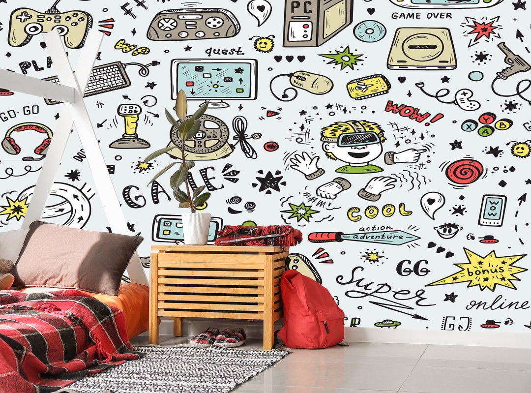 Games Wallpaper, Teenager Wall Mural, Headphones Removable, Self