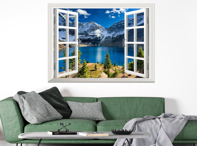 Lake Mountains Wandtattoo Wandtattoo Wandtattoo 3D Fenstereffekt Ansicht Wand fensterrahmen abnehmbar Vinyl Kunst Tapete Wanddekoration Fenster Poster Bild 2