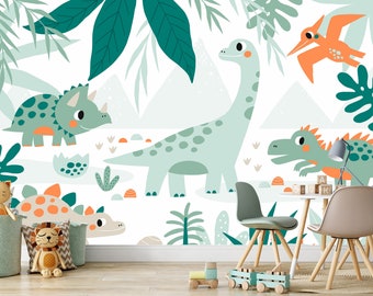 Dinosaurios Fondo de pantalla Animales Peel and Stick Wallpaper Autoadhesivo Extraíble Niños Mural de pared Vivero Niños Dibujos animados Tropical Niños Habitación