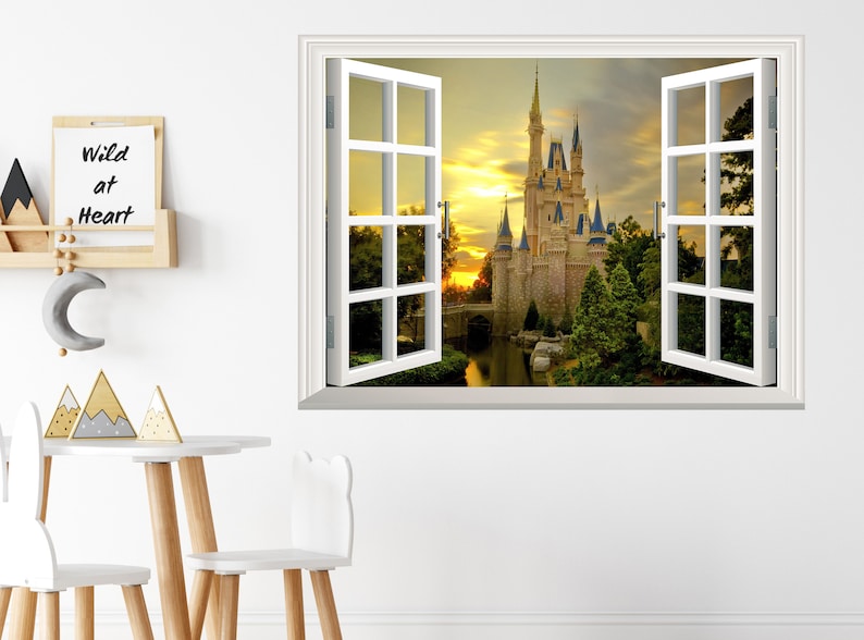 Adesivo da parete castello effetto finestra 3D vista Cenerentola adesivo da parete rimovibile in vinile artistico poster murale autoadesivo decorazione camera dei bambini immagine 3