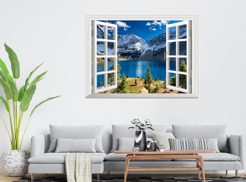 Lake Mountains Wandtattoo Wandtattoo Wandtattoo 3D Fenstereffekt Ansicht Wand fensterrahmen abnehmbar Vinyl Kunst Tapete Wanddekoration Fenster Poster Bild 4