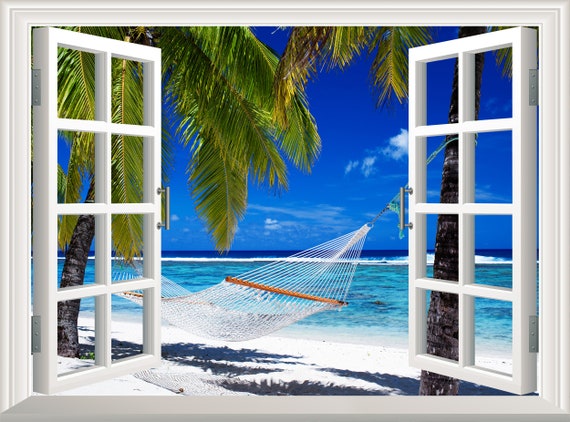 Affiche de jardin fenêtre - Vue à travers - Plage - Mer - Dunes - Plantes -  Décoration