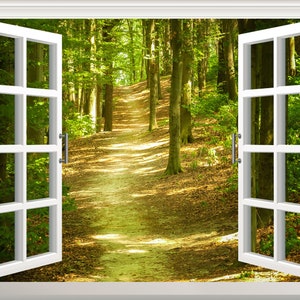 Waldlandschaft Wandaufkleber 3D Fenster Effekt Ansicht Wandtattoo Abnehmbares Vinyl Kunst Poster Wandbild Selbstklebende Wanddekor Fenster Rahmen