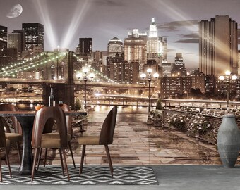 Self Adhesive Peel and Stick City Wallpaper Removable Skyscrapers Skyline at Night Landscape Mural Wall Mural Bedroom Entryway Cityscape