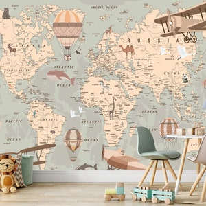 Kinderzimmer Weltkarte Tapete, Abziehen und Aufkleben, Tiere Wandbild, Flugzeug, Luftballons, Kinderzimmer, Kinderzimmer, Retro Wanddekor Kunst