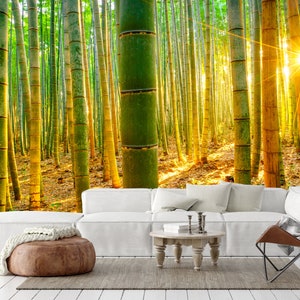 Bamboo Forest Wallpaper - Peel and Stick, Removable, Landscape Mural, Photo Wallpaper, Wall Decoration, Sunny, Nature, Forest Mural, Green