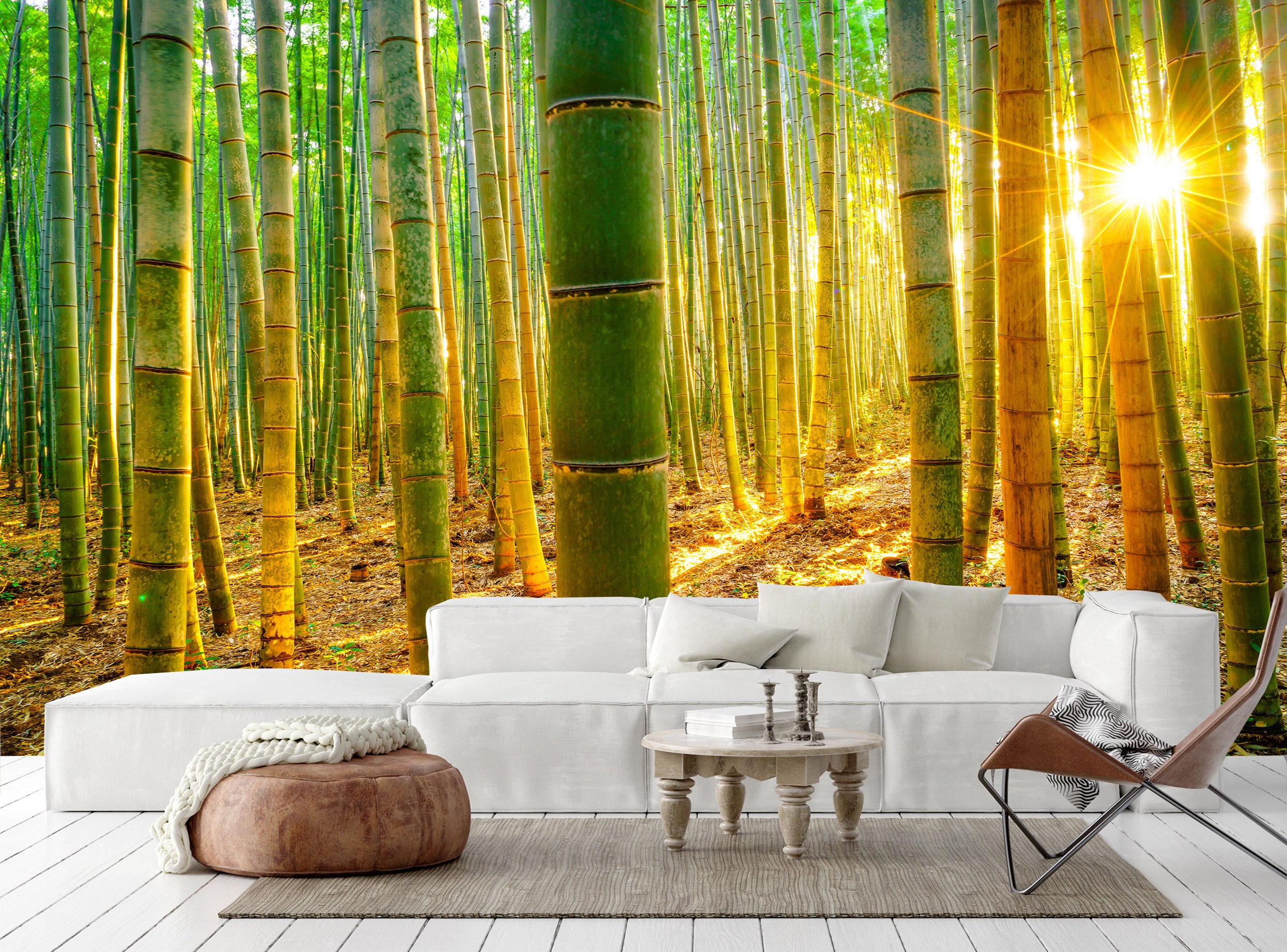 Vinilo adhesivo de pared grande de paisaje natural, bosque de bambú, mural  de madera con puente de madera, ecológico, sin deformación para sala de