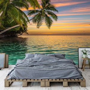 Tropical Beach Wallpaper Peel & Stick Self Adhesive Vinyl Removable Photo Wallpaper Mural Ocean Beach Landscape Wall Mural Palm Tree Island image 3