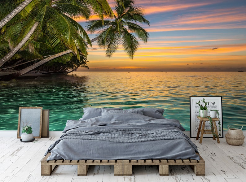 Tropical Beach Wallpaper Peel & Stick Self Adhesive Vinyl Removable Photo Wallpaper Mural Ocean Beach Landscape Wall Mural Palm Tree Island image 3