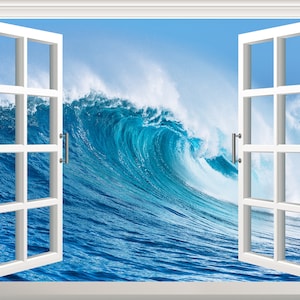 Pegatina de pared de playa oceánica con efecto ventana 3D, calcomanía de pared de vinilo extraíble, póster artístico, mural autoadhesivo, decoración de pared, marco de ventana falso, palmera