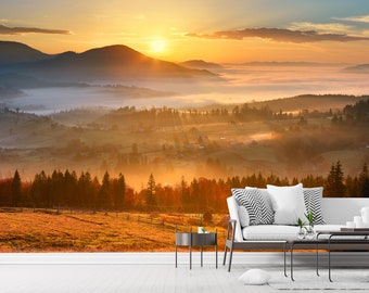 Sunrise Forest Wallpaper Peel and Stick Self Adhesive Wallpaper Mural Removable Misty Landscape Mountains Wall Mural Living Room, Bedroom