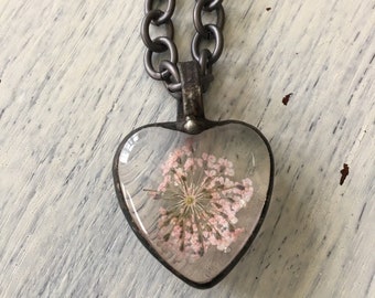 Crystal Heart Soldered with Dried Pink Flowers Pendant on Gunmetal Chain Necklace Approximately 16” Long
