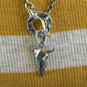 Steer Skull Sterling Silver Pendant Cowgirl Charm with Sterling Silver Toggle on Oxidized Sterling Silver Cable Chain 24” Necklace