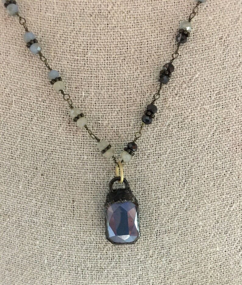 Blue Beige Necklace Approximately 27 12\u201d Long Rectangle Blue Crystal Soldered Crystal Pendant on Beautiful Beaded Chain in Colors Gray