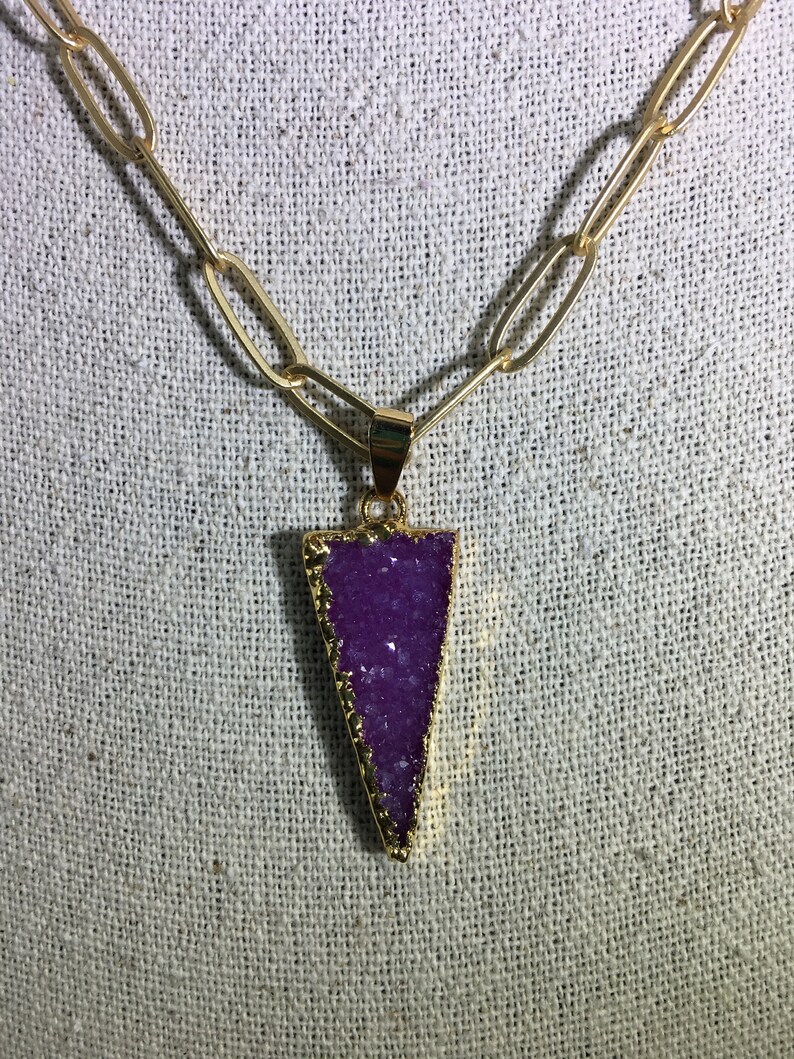 Druzy PurplePink Point Pendant on Matte Gold 18k Gold Plated Paper Clip Oval Link Chain Necklace Approximately 20\u201d Long