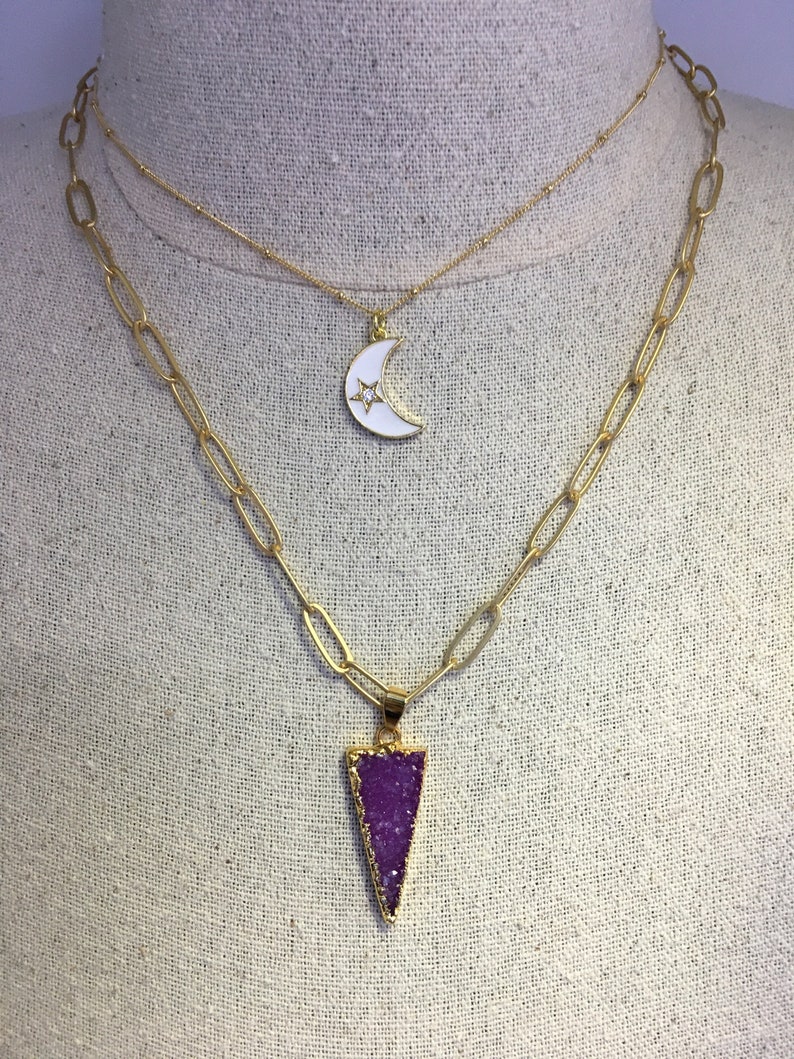 Druzy PurplePink Point Pendant on Matte Gold 18k Gold Plated Paper Clip Oval Link Chain Necklace Approximately 20\u201d Long