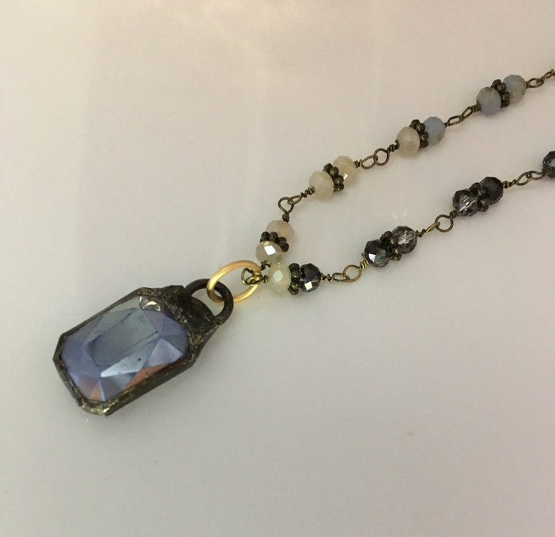 Blue Beige Necklace Approximately 27 12\u201d Long Rectangle Blue Crystal Soldered Crystal Pendant on Beautiful Beaded Chain in Colors Gray