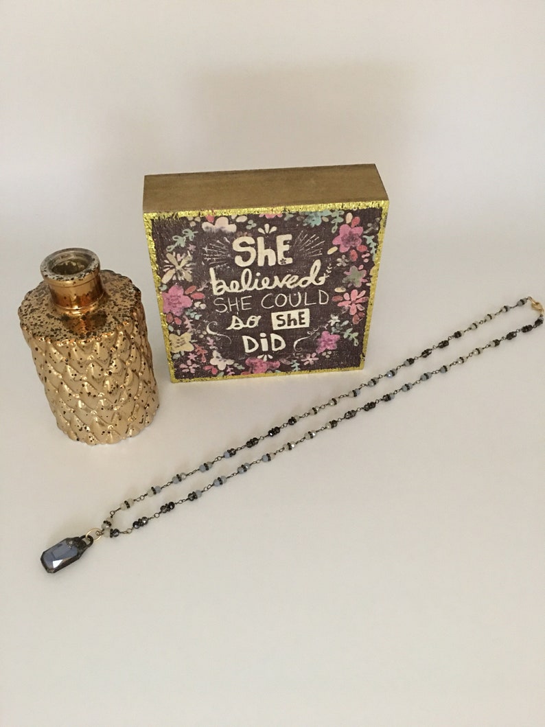 Blue Beige Necklace Approximately 27 12\u201d Long Rectangle Blue Crystal Soldered Crystal Pendant on Beautiful Beaded Chain in Colors Gray