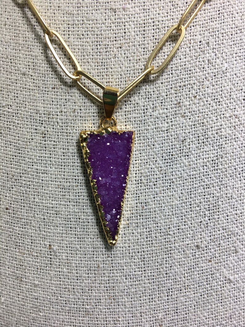 Druzy PurplePink Point Pendant on Matte Gold 18k Gold Plated Paper Clip Oval Link Chain Necklace Approximately 20\u201d Long