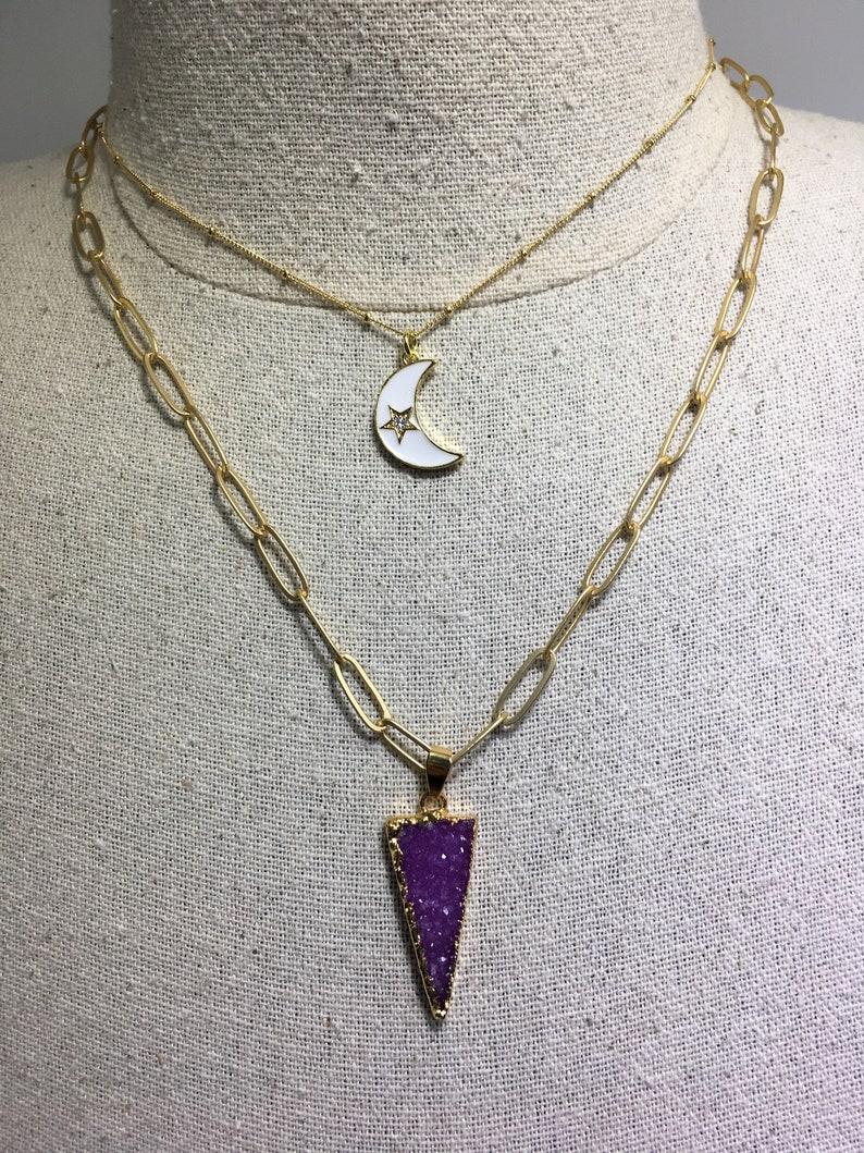 Druzy PurplePink Point Pendant on Matte Gold 18k Gold Plated Paper Clip Oval Link Chain Necklace Approximately 20\u201d Long