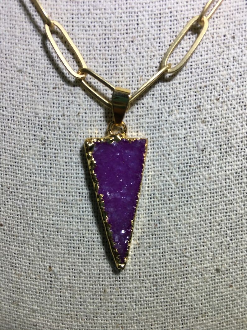 Druzy PurplePink Point Pendant on Matte Gold 18k Gold Plated Paper Clip Oval Link Chain Necklace Approximately 20\u201d Long