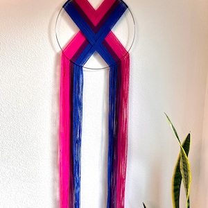 Bisexual pride macramé wall hanging, bi pride flag, pride month, pride gift, queer pride wall art, bisexual pride, pride decor, pride flag