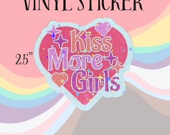 Kiss More Girls Sticker | Queer Pride Vinyl Sticker | Waterproof Holographic LGBTQ Decal | Lesbian Sticker | Pink Heart Retro Sticker