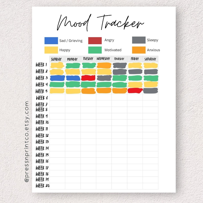 Printable Mood Tracker | Daily Mood Tracking Chart | Mental Health ...