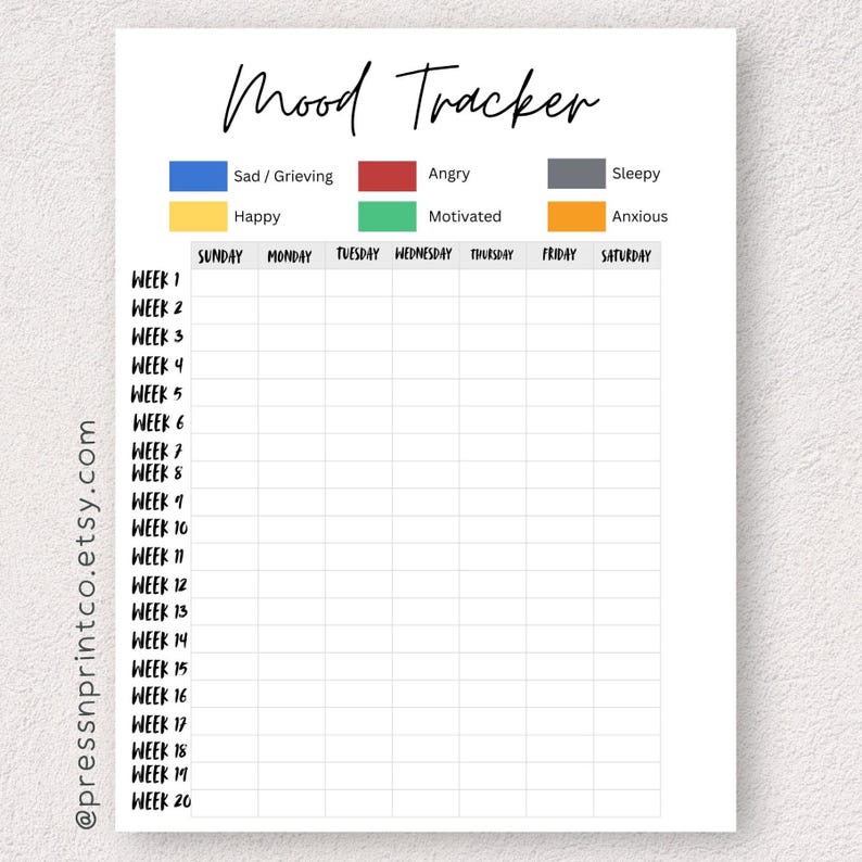 Printable Mood Tracker | Daily Mood Tracking Chart | Mental Health ...