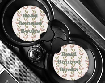 Posavasos para coche con diseño de libros prohibidos • Diseño floral literario • Inserto de neopreno para portavasos • Regalo para lectores • Accesorio literario • Juego de 2