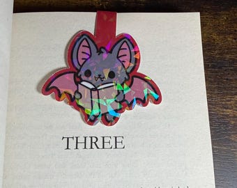 Kawaii Bat Reading • Holographic Magnetic Bookmark • Red Border • Gothic Bookish Gift