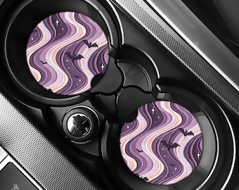 Purple Bats | Neoprene Car Coasters | Set of 2 | Spooky Vehicle Accessories | Handmade | Absorbent Design