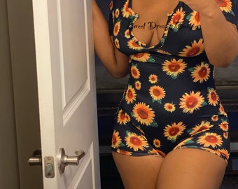Mono enterizo de pijama con estampado de girasoles / Pijama para adultos / Mono cómodo para estar en casa