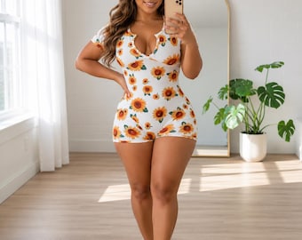 Mono enterizo de pijama con estampado de girasoles / Pijama para adultos / Mono cómodo para estar en casa / Blanco
