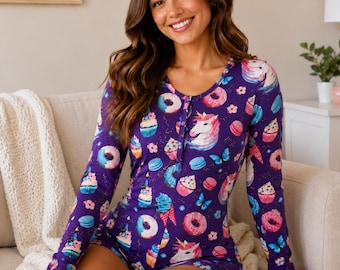 Pijama enterizo de unicornio con diseño de dulce golosina / Pijama enterizo de manga larga para adulto / Pijama adorable