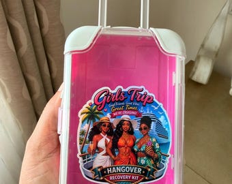 Kit de recuperación para la resaca en mini maleta / Regalo para fiestas / Regalo para cruceros de chicas / Pegatina holográfica