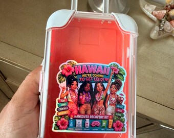 Mini maletín para recuperarse de la resaca / Regalo para fiestas / Regalo para viaje de chicas a Hawái / Pegatina holográfica