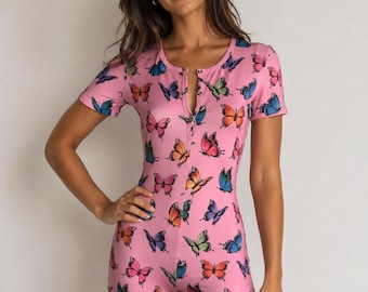 Pijama enterizo de mariposa rosa / Pijama enterizo de manga corta para adulto / Ropa de estar por casa con lindas mariposas