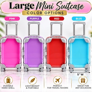 May include: Four mini suitcases with telescoping handles and wheels in pink, purple, red, and blue. Each suitcase features a hard shell, silver corner accents, and measures 7.5 inches in length and 5 inches in width. Text reads Large Mini Suitcase.