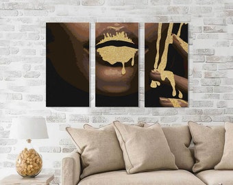 Gouden Lippen DIY Wall Art Zwarte Vrouw Verf Door Nummers Shiny Paints Schilderen DIY Kit Sexy Meisje Multi-Panel Foto Door Nummers Triptiek DA0700