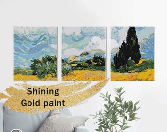 Van Gogh Multi-Panel Picture By Numbers Triptiek DIY Wall Art Cypress Paint By Numbers Shiny Paints Wheatfield Painting DIY Kit DA0701