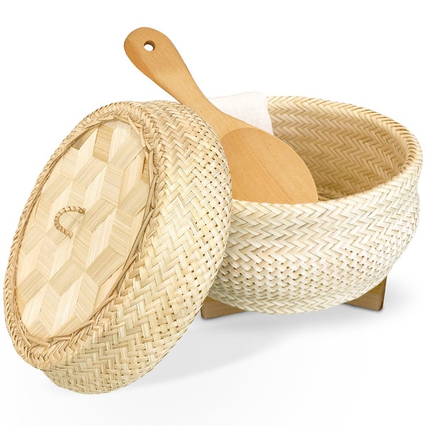 PANWA Handmade 100% Thai Bamboo Sticky Rice Electric Cooker Steamer Set Small Pot Insert Wicker Woven Lid 16’’ Cheesecloth and Wooden Spoon