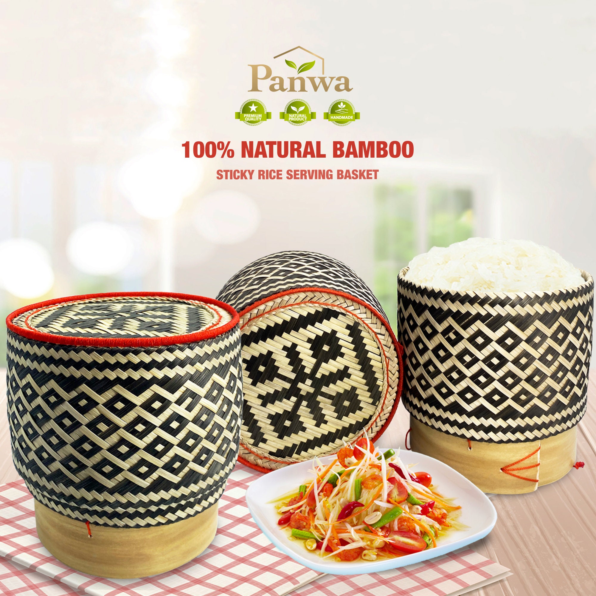 PANWA Traditional Sticky Rice Cooking Steamer Basket Wicker Lid Handcrafted “Universal Fit for All Large” Wing and Round Baskets