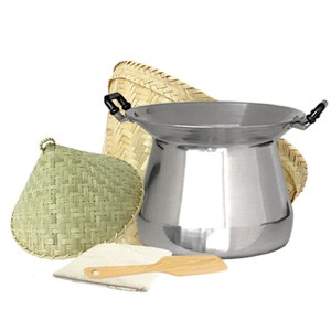 PANWA Sticky Rice Professional Thai Chef Grade Cookware Set Restaurant Steamer Pot Bamboo Wing Basket and Lid 24” Cheesecloth & Paddle