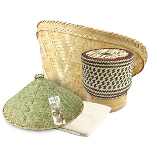 PANWA Sticky Rice Cooking Basket and Wicker Lid and Kratip Container Chocolate Toned with 24x24 Inch Cheesecloth Filter