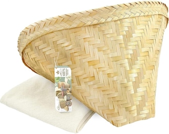 PANWA Sticky Rice Cooking Basket Handcrafted Traditional Thai Bamboo Wing Design with 24 Inch Cheesecloth Wrap Included