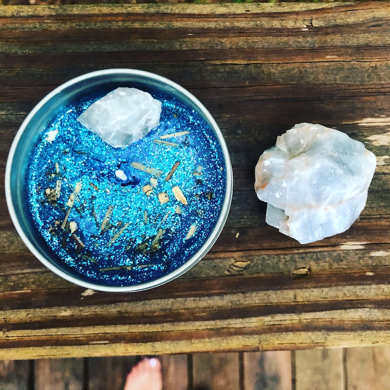 Daydream Blue Calcite Intention Candle Anxiety Relief Sunflower Lemongrass Marshamllow Root Crystal Soy