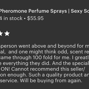 K&ouml;nnte beinhalten: Bild von Parfumspray-Flaschen. Text: "Pheromone Perfume Sprays | Sexy Scents". Eine Kundenbewertung mit f&uuml;nf Sternen lobt das Qualit&auml;tsprodukt und den Kundenservice des Verk&auml;ufers.