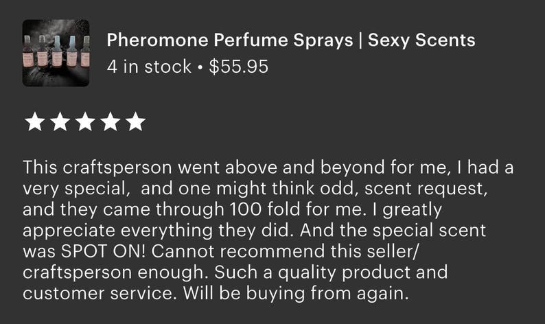 K&ouml;nnte beinhalten: Bild von Parfumspray-Flaschen. Text: "Pheromone Perfume Sprays | Sexy Scents". Eine Kundenbewertung mit f&uuml;nf Sternen lobt das Qualit&auml;tsprodukt und den Kundenservice des Verk&auml;ufers.