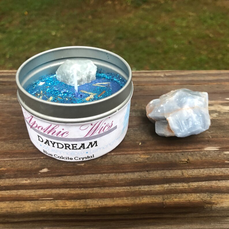 Daydream Blue Calcite Intention Candle Anxiety Relief Sunflower Lemongrass Marshamllow Root Crystal Soy